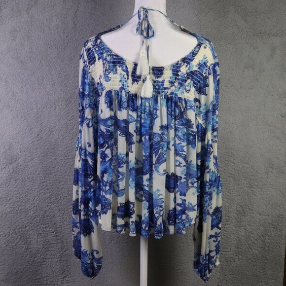Free People Blouse Womens S Blue Floral Up For Anything Western Top Cropped Boho - Picture 2 of 10